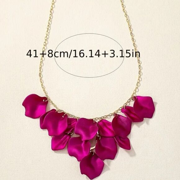 Elegant Fuchsia Petal Necklace 14K Gold Plated Chain - Picture 3 of 5